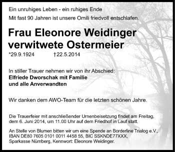 Traueranzeige von Eleonore Weidinger von Pegnitz-Zeitung